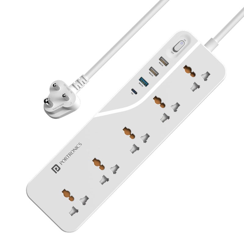 Portronics Portronics Power Plate 22 Extension Board with 20W TypeC PD Charging 5 Universal Sockets 3 USB Ports 3 Meter Long Cord 2500 Watts Multi Plug for Home Appliances Office White - Image 1