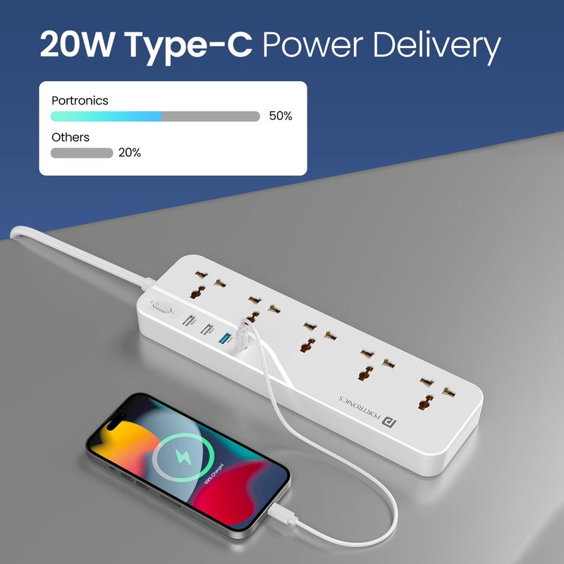Portronics Portronics Power Plate 22 Extension Board with 20W TypeC PD Charging 5 Universal Sockets 3 USB Ports 3 Meter Long Cord 2500 Watts Multi Plug for Home Appliances Office White - Image 3