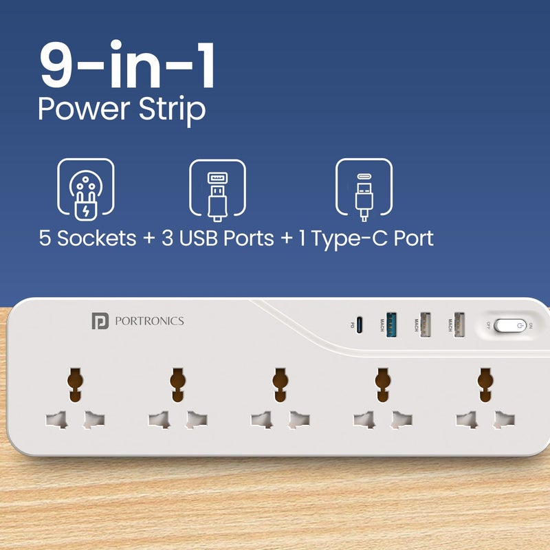 Portronics Portronics Power Plate 22 Extension Board with 20W TypeC PD Charging 5 Universal Sockets 3 USB Ports 3 Meter Long Cord 2500 Watts Multi Plug for Home Appliances Office White - Image 2