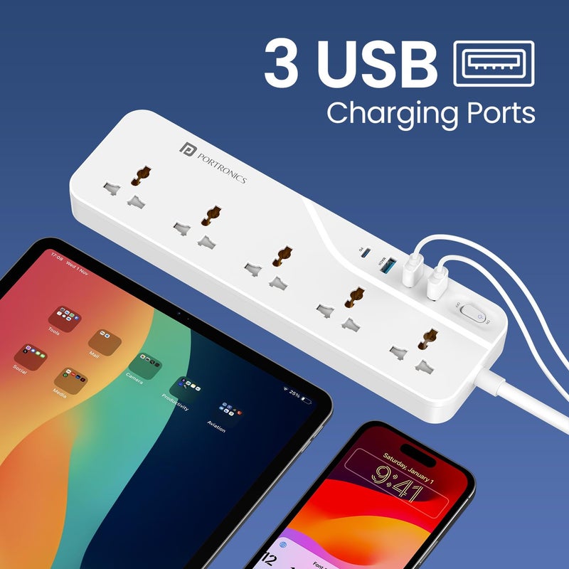 Portronics Portronics Power Plate 22 Extension Board with 20W TypeC PD Charging 5 Universal Sockets 3 USB Ports 3 Meter Long Cord 2500 Watts Multi Plug for Home Appliances Office White - Image 4