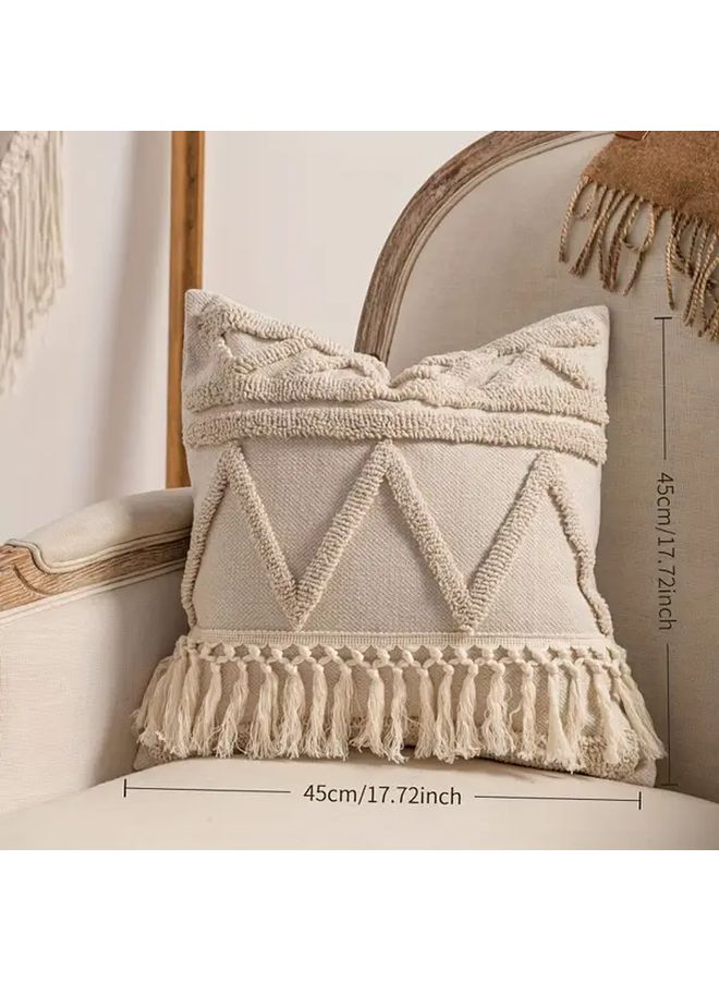 1 Piece Bohemian Style Spiral Dots Throw Pillow Cover 17.72 by 17.72 Inch Geometric Pattern Champagne Textured Tassel Detail Zipper Closure Machine Washable Polyester Decorative for Sofa Bedroom - Image 3
