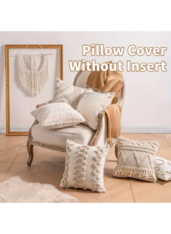 1 Piece Bohemian Style Spiral Dots Throw Pillow Cover 17.72 by 17.72 Inch Geometric Pattern Champagne Textured Tassel Detail Zipper Closure Machine Washable Polyester Decorative for Sofa Bedroom - Image 1