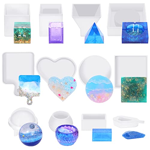 KISREL Resin Molds Kit 12PCS, Epoxy Resin Silicone Molds, Resin Mold Including Cube, Pen Container, Pyramid, Tray, Love, Round, Square, Ball, Flowerpot, Cuboid, Crystal - Image 1