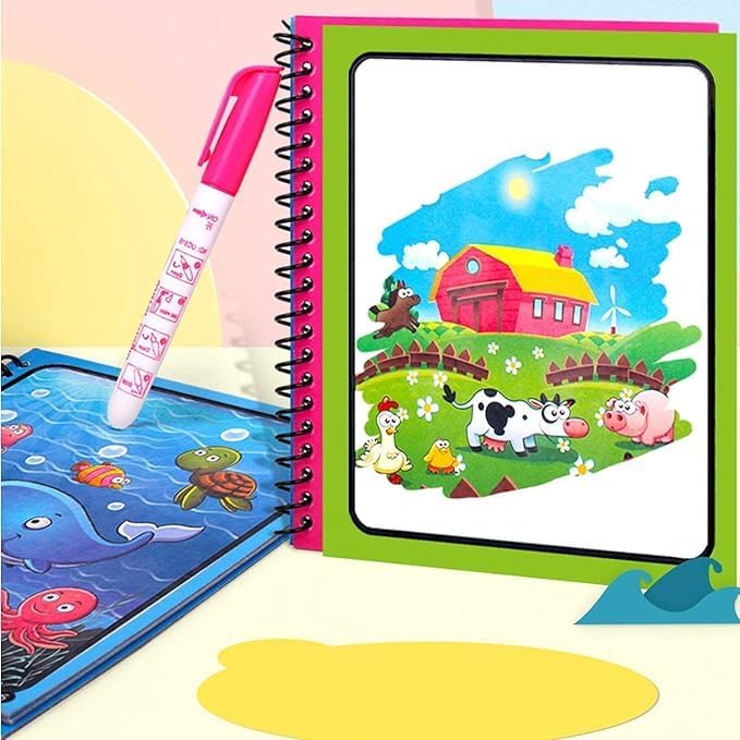 Happy Kid Magic Water Colouring Books for Kids, Reusable Water Drawing Book with Thick Water Pen, Assorted Designs, 1 Piece