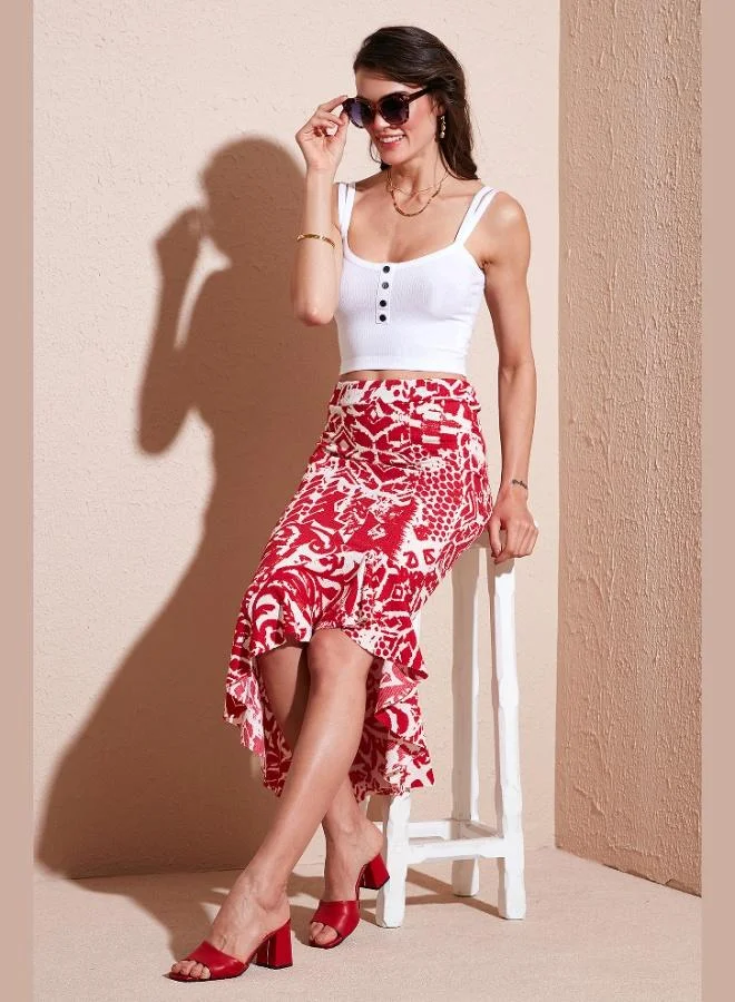 Lela Lela Regular Fit Patterned High Waist Flounce Midi Length Slit Skirt Women's SKIRT 5869013