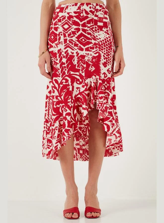Lela Lela Regular Fit Patterned High Waist Flounce Midi Length Slit Skirt Women's SKIRT 5869013