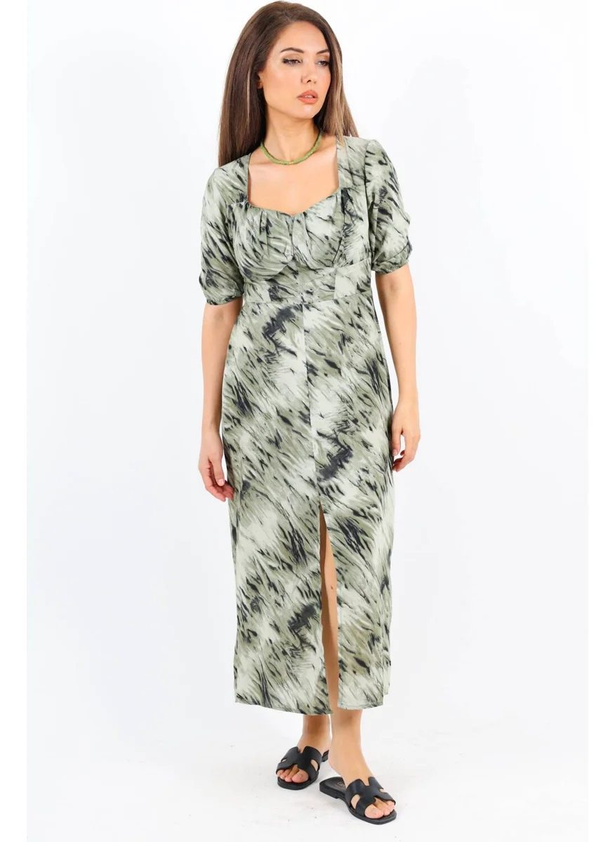 Ritnice Women's Rena Khaki Back Elastic Slit Midi Dress