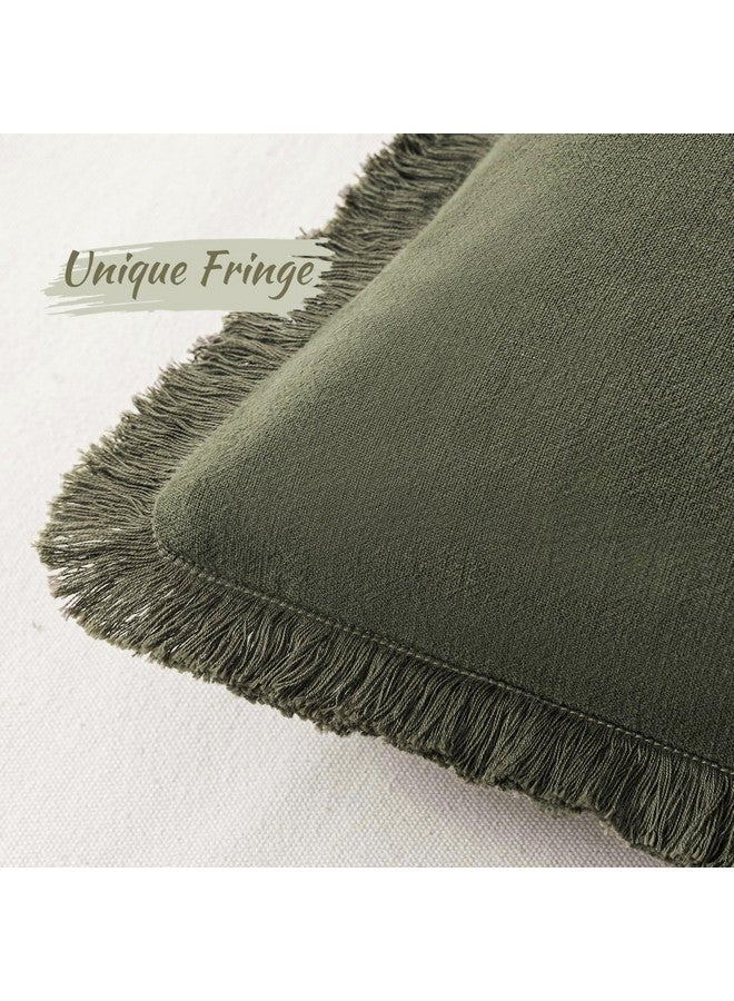 MIULEE MIULEE Decorative Throw Pillow Covers Neutral Linen Fringe Throw Pillows Set of 2 Olive Green Boho Farmhouse Cushion Covers with Tassels for Couch Sofa Bed Living Room Spring Home Decor 20x20 Inch  - Image 2
