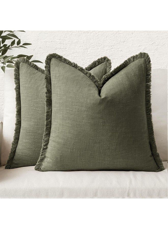 MIULEE MIULEE Decorative Throw Pillow Covers Neutral Linen Fringe Throw Pillows Set of 2 Olive Green Boho Farmhouse Cushion Covers with Tassels for Couch Sofa Bed Living Room Spring Home Decor 20x20 Inch  - Image 1