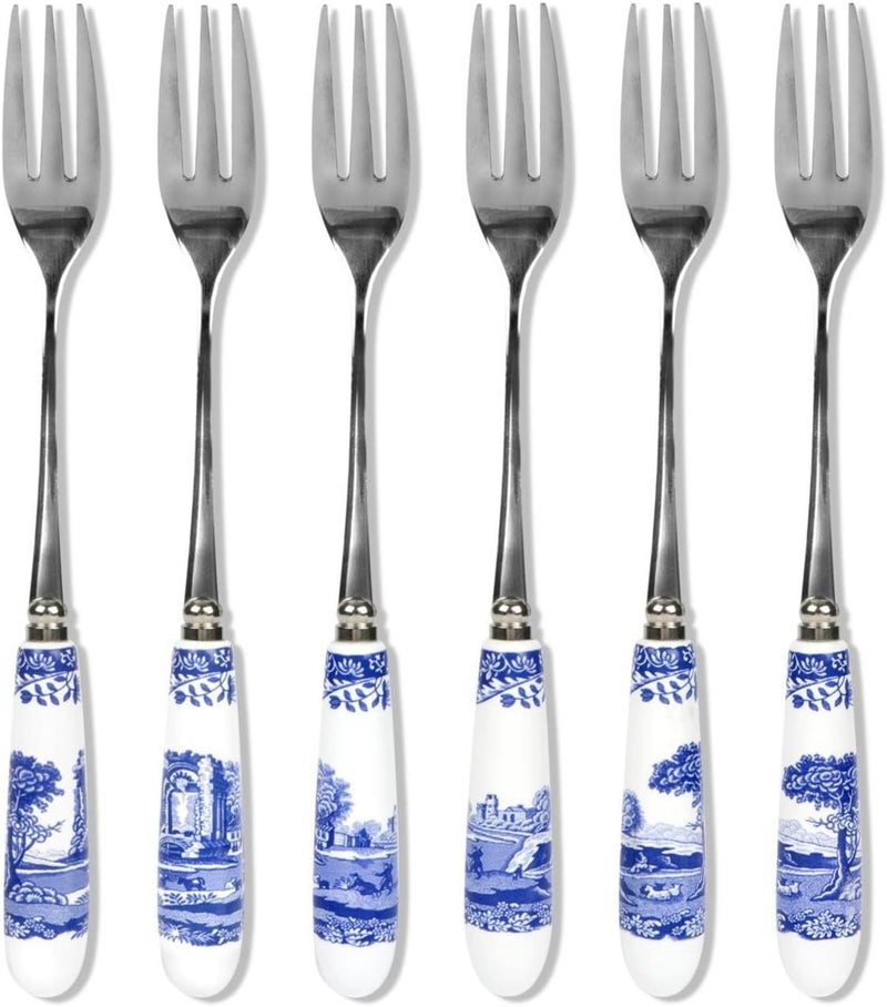 Blue Italian Pastry Forks - Set of 6 Stainless Steel Dessert Forks with Porcelain Handles, Featuring Countryside Scene - Gift Box Included for Dining & Hosting, For Appetizer & Dessert