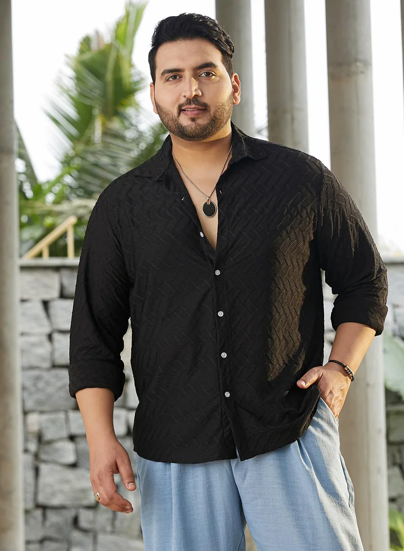 Instafab Plus Instafab Plus Men's Onyx Black Herringbone-Tactile Shirt For Casual Wear | Spread Collar | Long Cuffed Sleeves | Button Closure | Plus Size Shirt Crafted With Comfort Fit For Everyday Wear