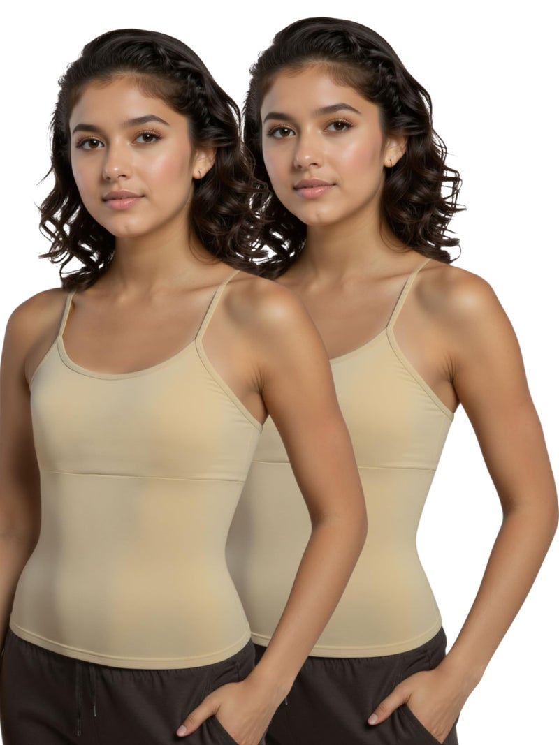 DChica Essentials Padded Camisole Starter Bra for Girls (Pack of 2) Sleeveless Undershirts with Adjustable Straps | Tank Top/Innerwear for Girls (Color-Beige) Camisole Regular Fit Vest - Image 1