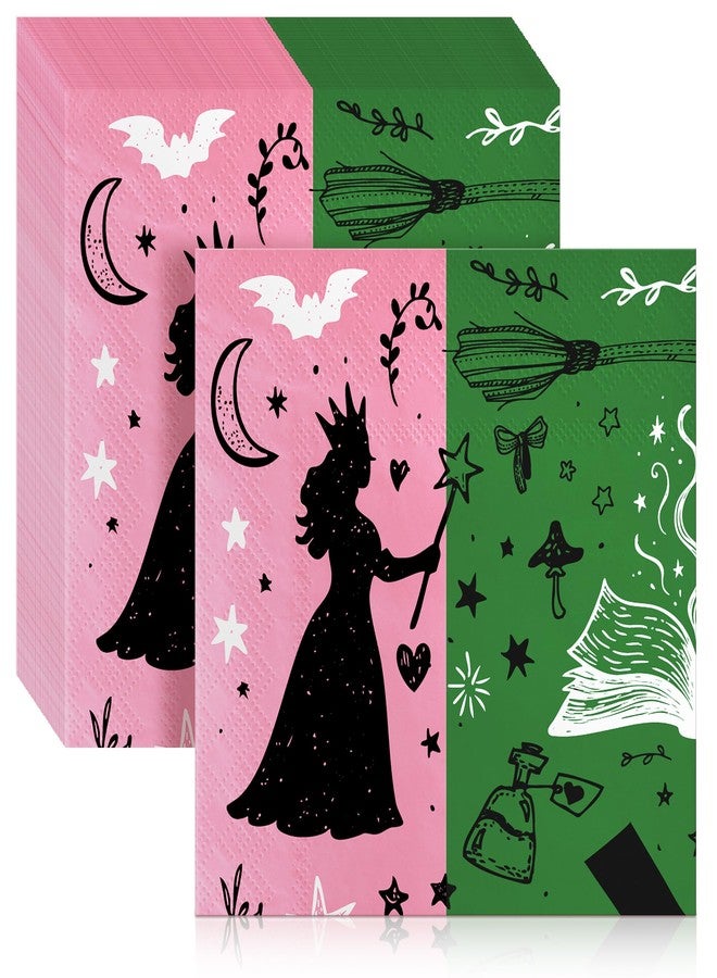 Watch Me Fly 50 Pack Witch and Princess Party Napkins, Pink and Green Disposable Paper Napkins with Magical Elements – 2-Ply 13"x13" Unfolded, for Girls' Birthday Party and Fairy Tale Theme Décor - Image 1