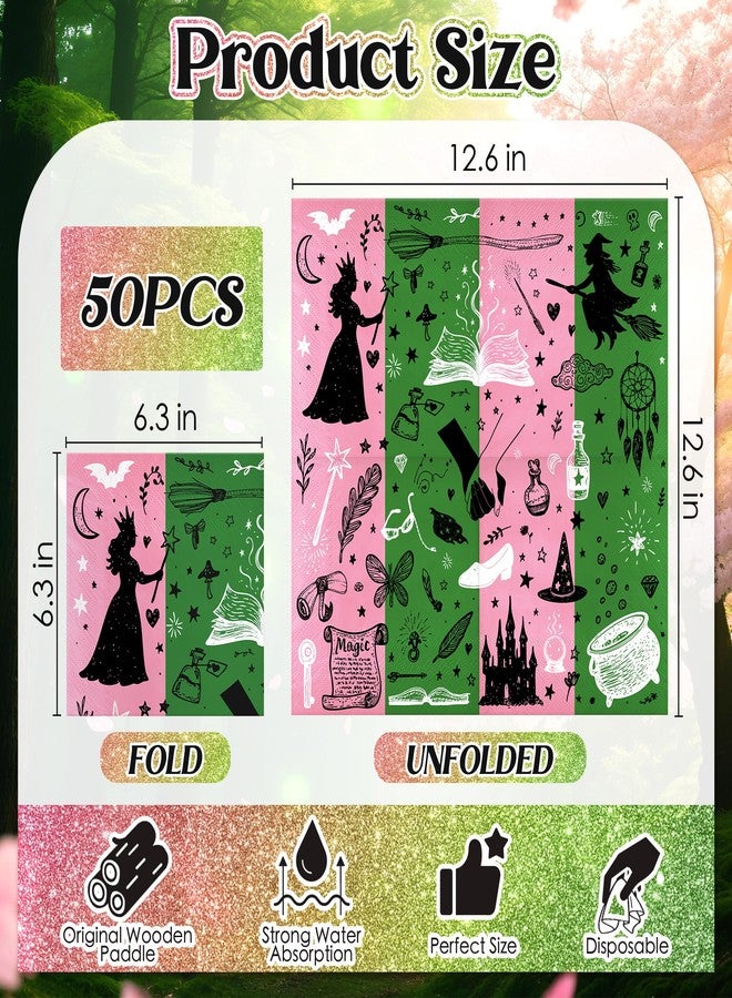 Watch Me Fly 50 Pack Witch and Princess Party Napkins, Pink and Green Disposable Paper Napkins with Magical Elements – 2-Ply 13"x13" Unfolded, for Girls' Birthday Party and Fairy Tale Theme Décor - Image 2
