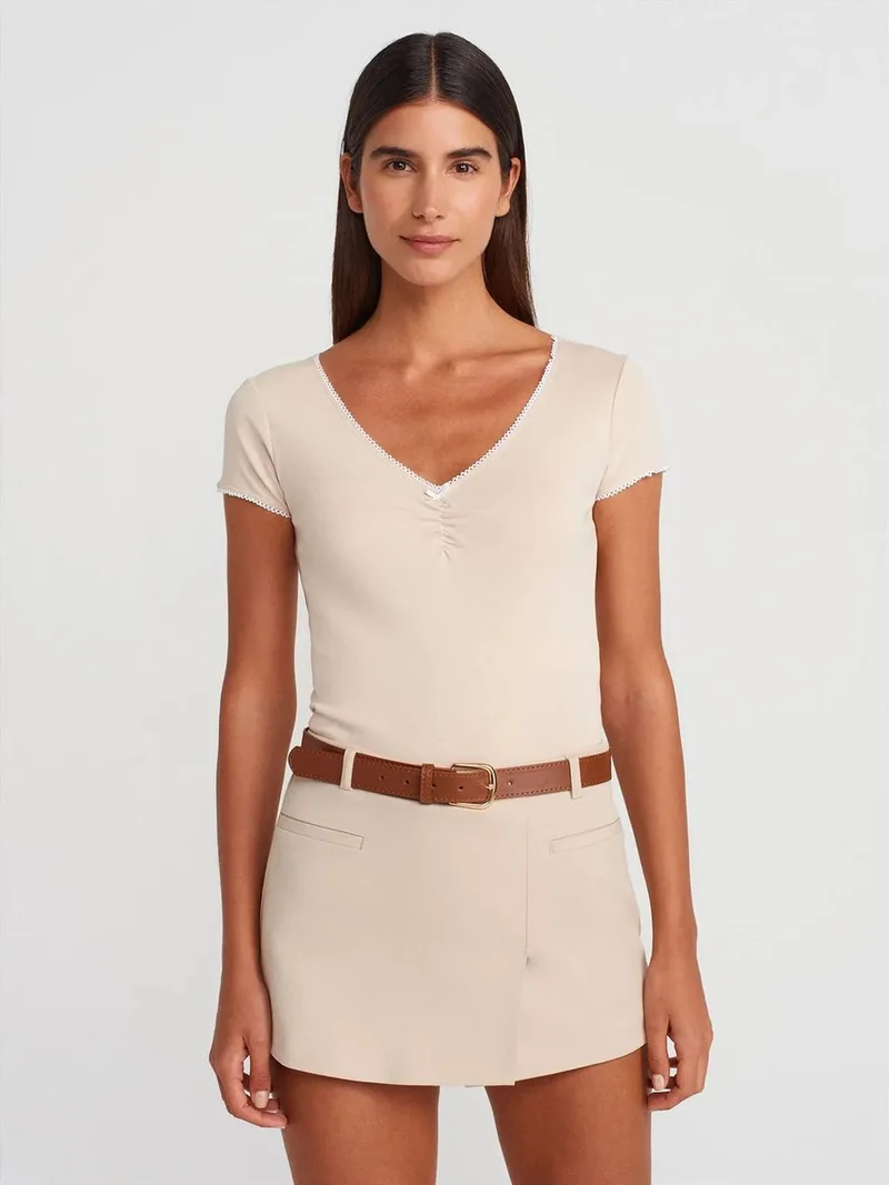 ديلفين Dilvin Women's Cotton Crop Blouse With Frill Trim