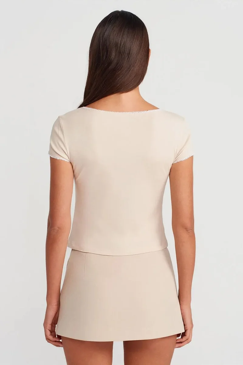 Dilvin Beige Natural DILVIN Women's Cotton Crop Blouse With Frill Trim for Women | Best Price UAE