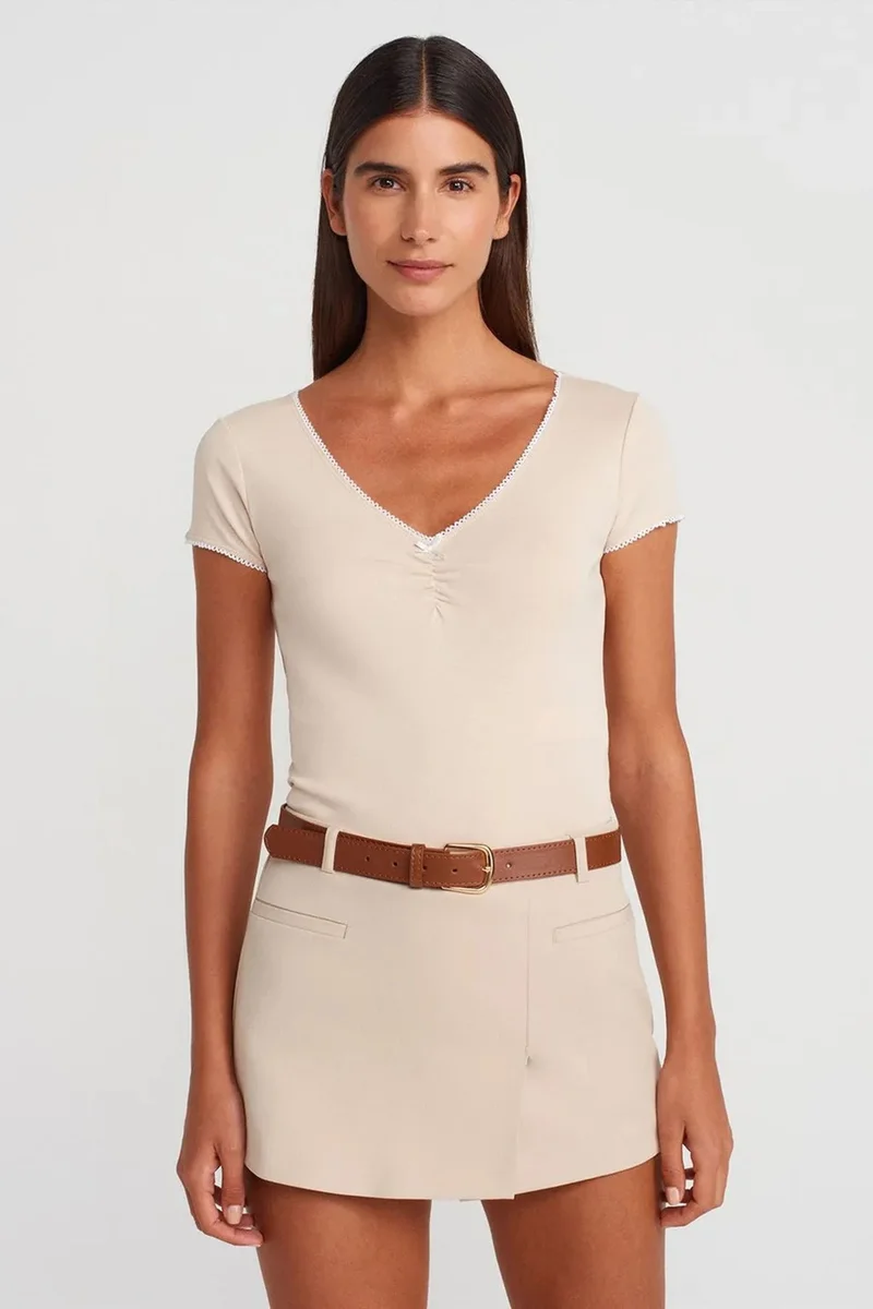 DILVIN Women's Cotton Crop Blouse With Frill Trim