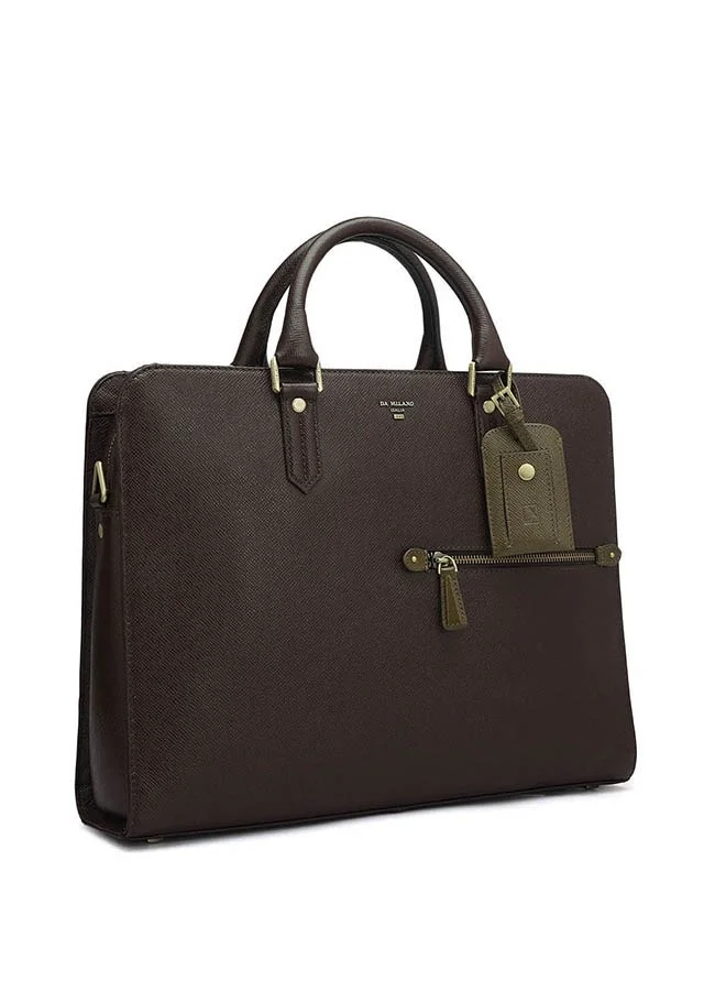 دا ميلانو حقيبة كمبيوتر محمول جلدية بنية اللون مع حزام كتف قابل للتعديل