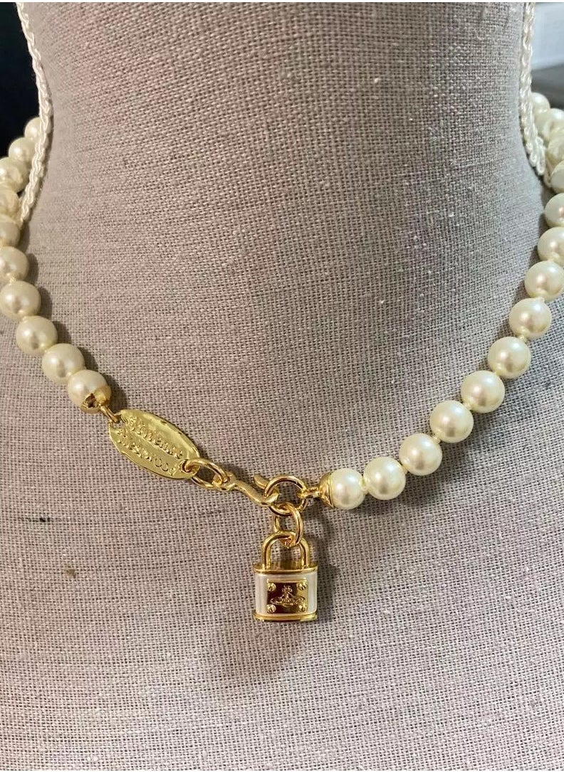 Vivienne Westwood - Key Lock Padlock Pearl Pendant Necklace-Gold - Image 1