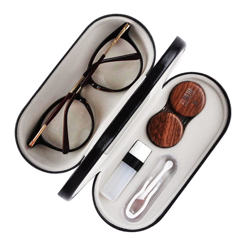 MUDOR 2 in 1 Contact Lens Glasses Case Double Sided Travel Kit with Remover Tool Tweezers Dual Use Design Black