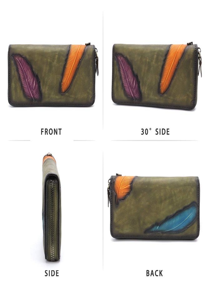 IVTG Women's Wallet Genuine Leather Zip Around Wristlet Long Purse Vintage Embossing Cowhide Capacity Handmade Clutch(Green) - Image 4