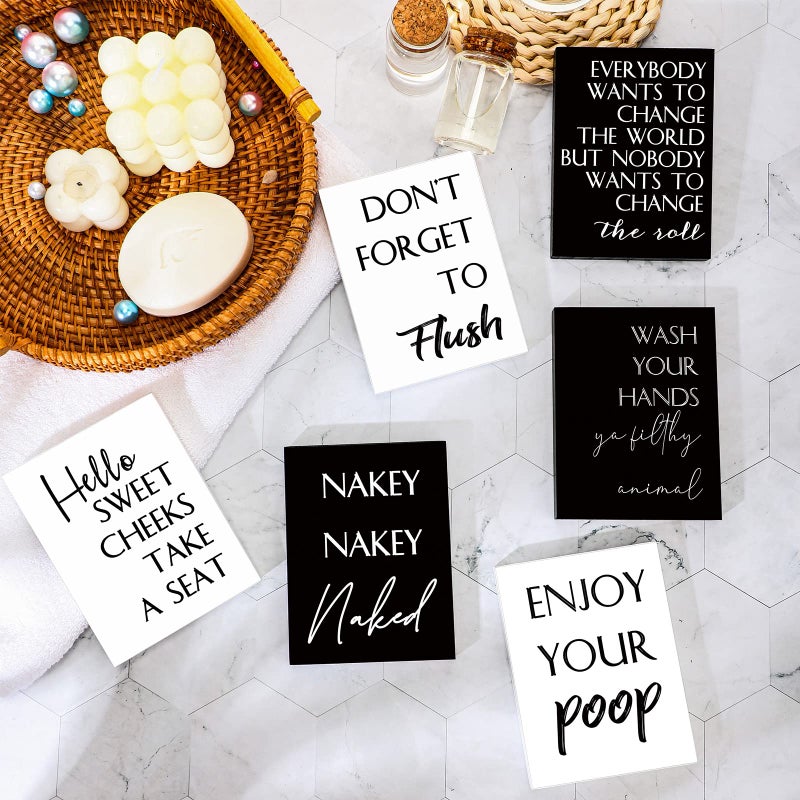 Yulejo 6 Pcs Farmhouse Bathroom Decor Wooden Funny Bathroom Signs Shelf Decor Home Rustic Guest Restroom Vintage Decor with Humorous Sayings Accent Black White Art Sign for Bathroom Restroom Spa Washroom - Image 3