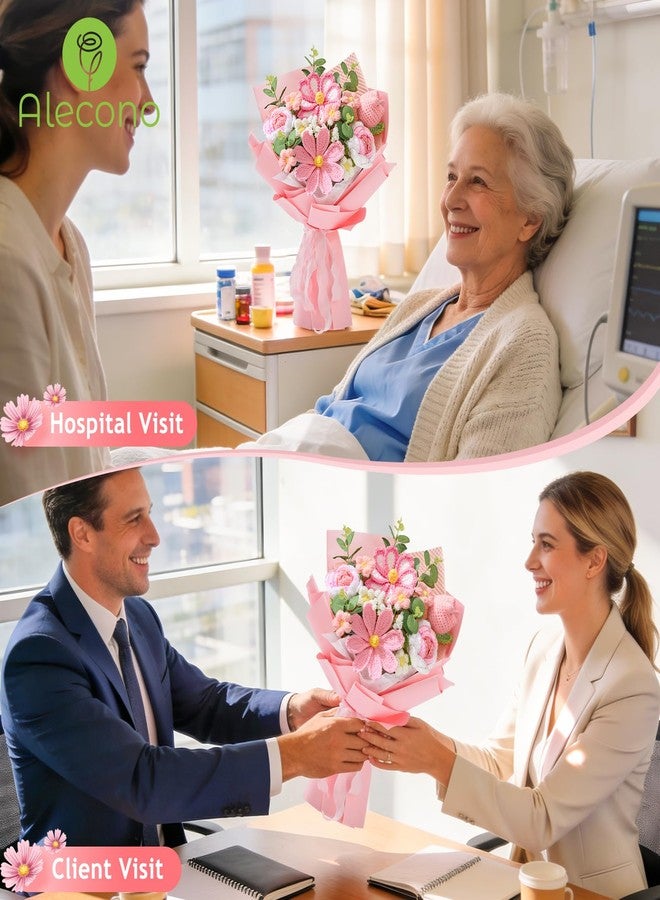 Alecono Crochet Flower Bouquet, Pink Knitted Flowers, Crochet Tulip Galsang Flower for Lover Anniversary Birthday Party Mother's Day Graduation Gifts (Include Card) - Image 4