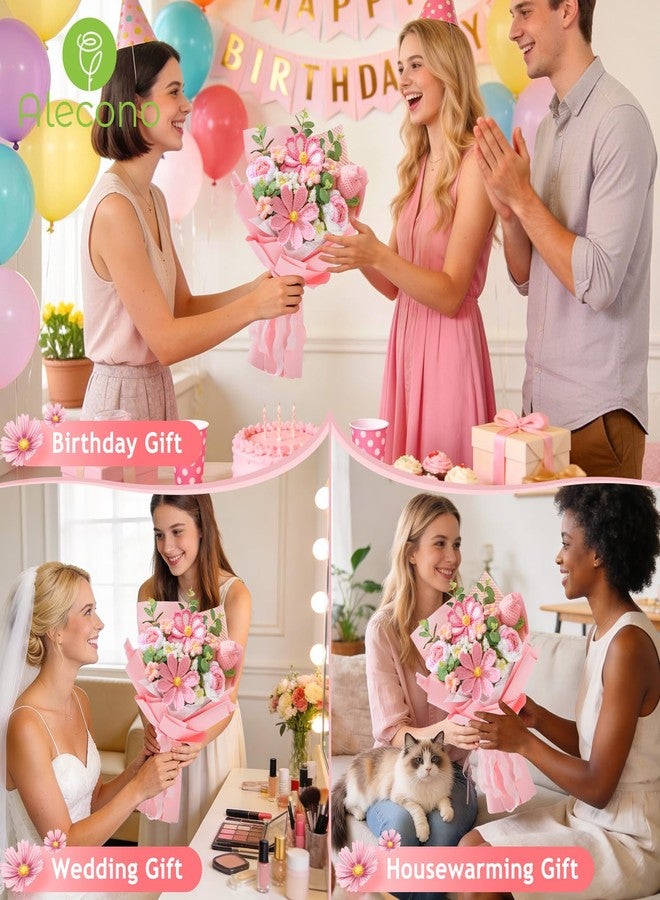 Alecono Crochet Flower Bouquet, Pink Knitted Flowers, Crochet Tulip Galsang Flower for Lover Anniversary Birthday Party Mother's Day Graduation Gifts (Include Card) - Image 3