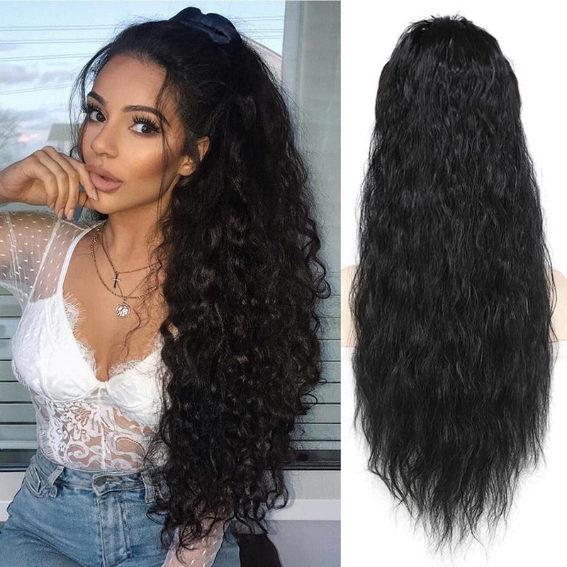 KETHBE KETHBE Ponytail Extension 26 Inch Drawstring Ponytail Hair Extensions Synthetic Long Curly Wavy Hair Extensions Ponytail Thick Hair Pieces for Women Black 