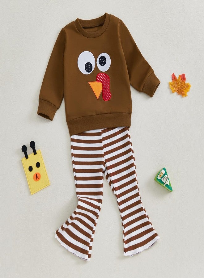 Lukivech Toddler Baby Girl Thanksgiving Outfit Turkey Embroidery Crewneck Long Sleeve Sweatshirt Top Stripes Flared Pants Set (Coffee, 18-24 Months) - Image 4