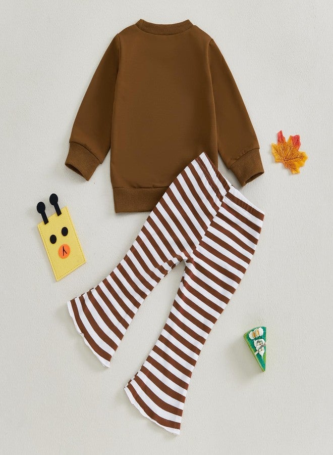 Lukivech Toddler Baby Girl Thanksgiving Outfit Turkey Embroidery Crewneck Long Sleeve Sweatshirt Top Stripes Flared Pants Set (Coffee, 18-24 Months) - Image 3