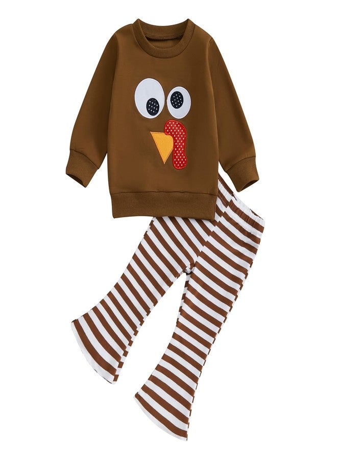 Lukivech Toddler Baby Girl Thanksgiving Outfit Turkey Embroidery Crewneck Long Sleeve Sweatshirt Top Stripes Flared Pants Set (Coffee, 18-24 Months) - Image 1