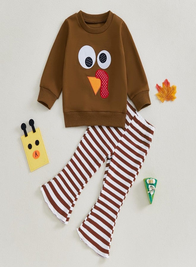 Lukivech Toddler Baby Girl Thanksgiving Outfit Turkey Embroidery Crewneck Long Sleeve Sweatshirt Top Stripes Flared Pants Set (Coffee, 18-24 Months) - Image 2