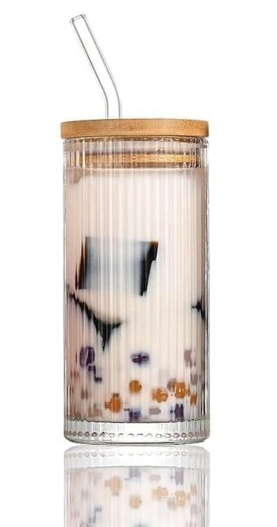 ZEYFLEEB Reusable Glass Coffee Tumbler with Bamboo Lid and Straw Pack of 2 400ml Multipurpose Drinking Glasses Travel Sipper for Juice Water Smoothies Cocktail Mugs - Image 1