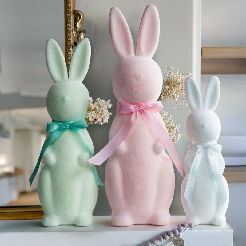 MOREDOTS Easter Decorations - 3 Pack Pastel Flocked Bunny Kit - Spring Table Centerpieces Indoor Decor - Bunnies Decoration Set for Home & Party - Image 1