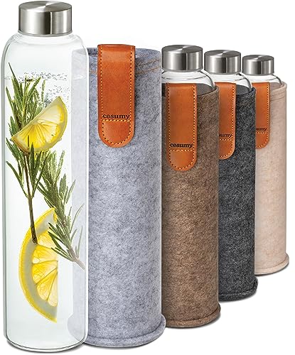 Cosumy Glass Water Bottle 25oz with Felt Sleeve - Borosilicate Glass - Leakproof Lid - BPA Free - Ideal for Work, Travel & Gym (Classic Gray) - Image 1