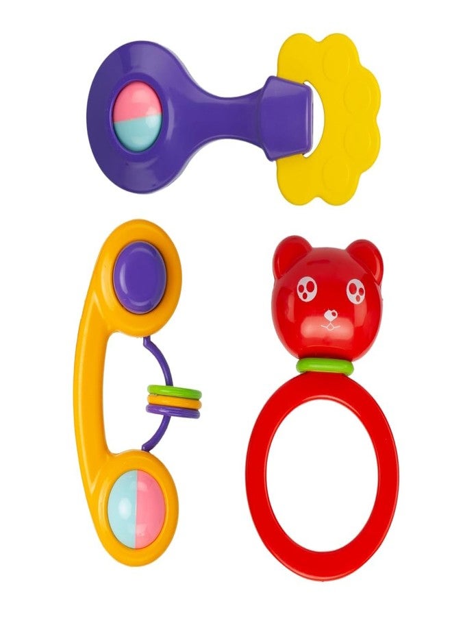 Shyam Creation 3 Pcs Rattles Cum Teether Toys Set for Babies, Non-Toxic Random Design Rattle Set with Smooth Edges - Image 1
