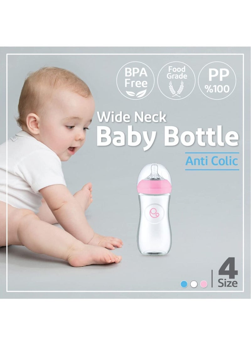 Umomy - 12M Baby Bottles PP Anti-Colic Infant Bottles, Silicone Rubber Teat, Wide Neck Breast-Like Nipple, BPA Free Fast Flow, Pink, 260ml - Image 1