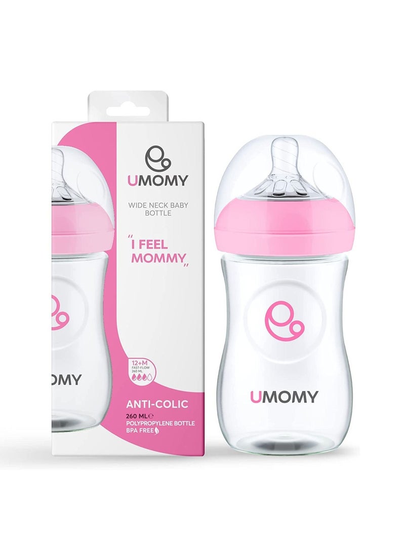 Umomy - 12M Baby Bottles PP Anti-Colic Infant Bottles, Silicone Rubber Teat, Wide Neck Breast-Like Nipple, BPA Free Fast Flow, Pink, 260ml - Image 1