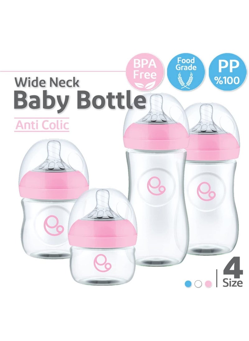 Umomy - 12M Baby Bottles PP Anti-Colic Infant Bottles, Silicone Rubber Teat, Wide Neck Breast-Like Nipple, BPA Free Fast Flow, Pink, 260ml - Image 1