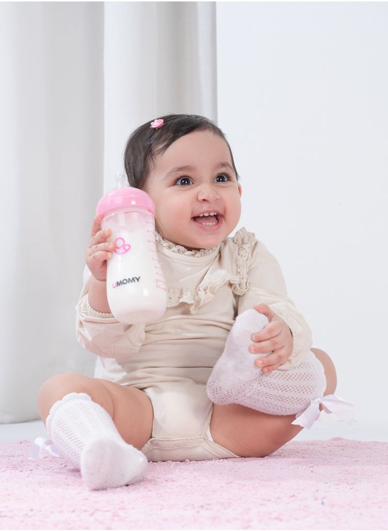 Umomy - 12M Baby Bottles PP Anti-Colic Infant Bottles, Silicone Rubber Teat, Wide Neck Breast-Like Nipple, BPA Free Fast Flow, Pink, 260ml - Image 1