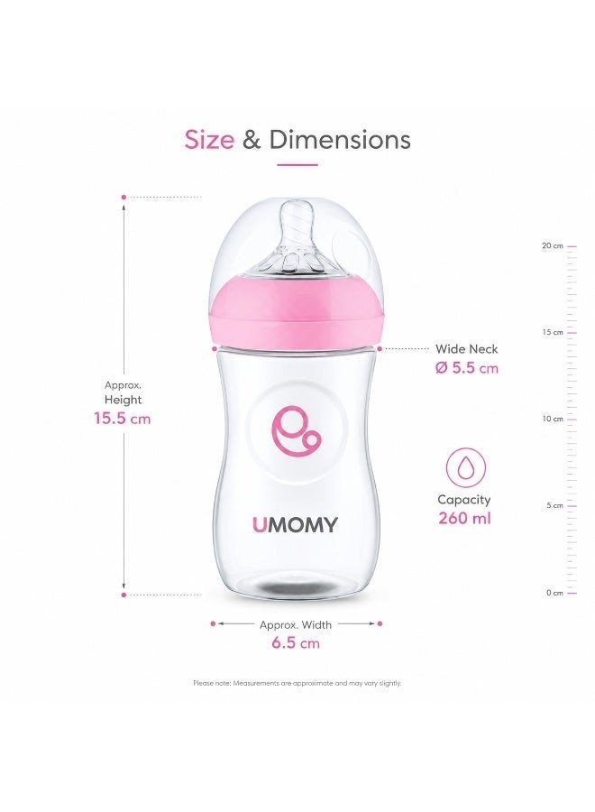 أمومي زجاجات رضاعة للأطفال من عمر ١٢ شهرًا، مصنوعة من البولي بروبيلين المضاد للمغص، حلمة من مطاط السيليكون، حلمة عريضة تشبه حلمة الثدي، خالية من مادة BPA، تدفق سريع، لون وردي، ٢٦٠ مل - Image 3