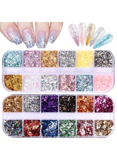 EBANKU 24 Grid Holographic Nail Art Foil Flakes, EBANKU Nail Foil Flakes Glitter Nail Sequins Confetti Gold Silver Irregular Glitter Mirror Effect Acrylic Nail Powders Nail Foil Paillette for Nail Decoration 