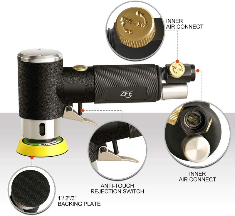 ZFE 1/2/3 Inch Random Orbital Air Sander, Mini Pneumatic Sander for Auto Body Work, High Speed Air Powered Polisher with 15 Polishing Buffing Pads,18 Sandpapers - Image 4