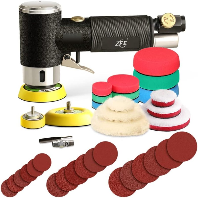 ZFE 1/2/3 Inch Random Orbital Air Sander, Mini Pneumatic Sander for Auto Body Work, High Speed Air Powered Polisher with 15 Polishing Buffing Pads,18 Sandpapers - Image 1
