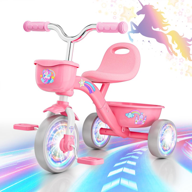 Kkdi Tricycle for Toddlers 1-3 3-5 Year Olds, Unicorn Toddler Bike Baby Balance Bike with Colorful Lighting Wheels & Large Basket, Birthday Gift and Toy for 1 2 3 4 5 Year Olds Girls - Image 1