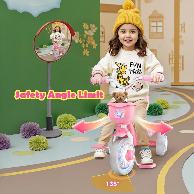 Kkdi Tricycle for Toddlers 1-3 3-5 Year Olds, Unicorn Toddler Bike Baby Balance Bike with Colorful Lighting Wheels & Large Basket, Birthday Gift and Toy for 1 2 3 4 5 Year Olds Girls - Image 4