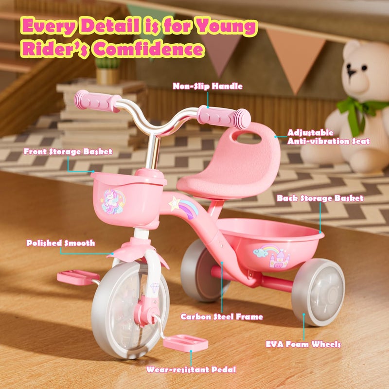 Kkdi Tricycle for Toddlers 1-3 3-5 Year Olds, Unicorn Toddler Bike Baby Balance Bike with Colorful Lighting Wheels & Large Basket, Birthday Gift and Toy for 1 2 3 4 5 Year Olds Girls - Image 5