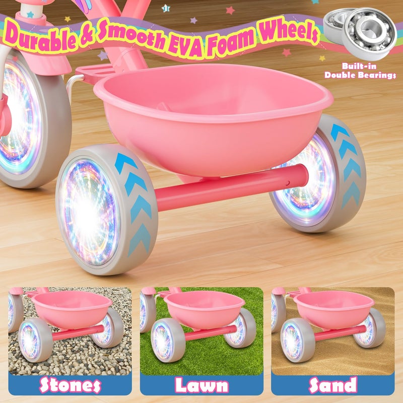 Kkdi Tricycle for Toddlers 1-3 3-5 Year Olds, Unicorn Toddler Bike Baby Balance Bike with Colorful Lighting Wheels & Large Basket, Birthday Gift and Toy for 1 2 3 4 5 Year Olds Girls - Image 3