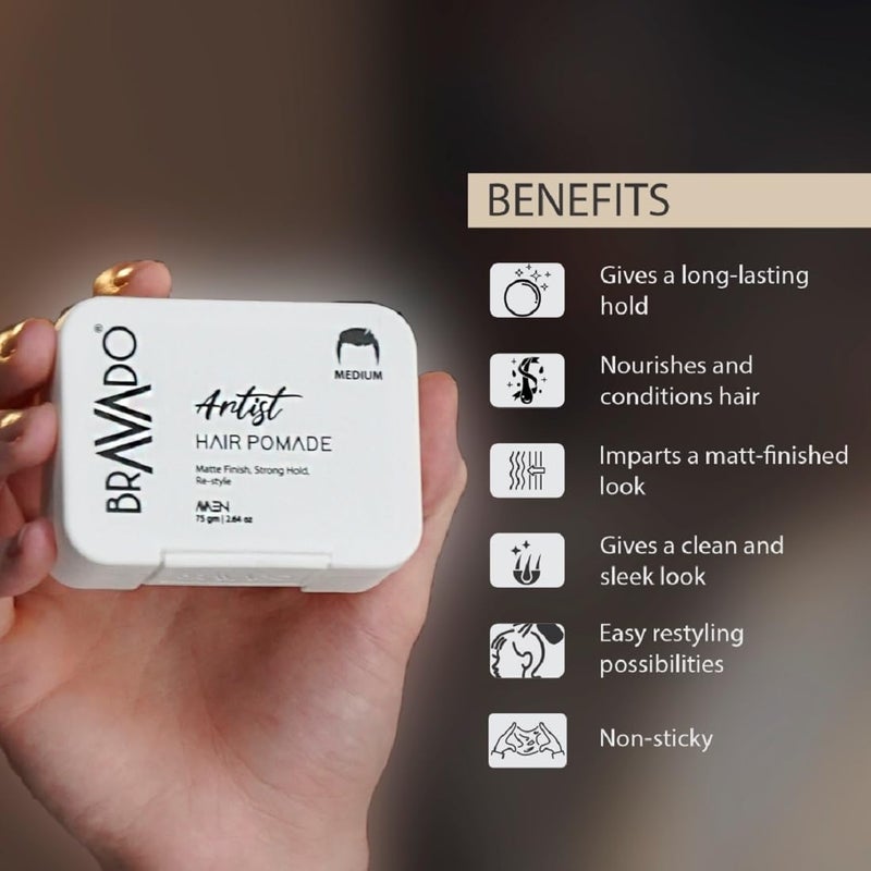 BRAVADO Artist Hair Pomade for Men  Matte Finish Strong Hold  Easy Restyle  Texturizing Clay Wax with Kaolin Beeswax  Candelilla  ParabenFree  All Hair Types  75g - Image 5